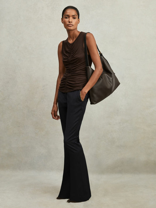 Petite Wool-Blend Tailored Flared Suit Trousers in Navy | Reiss Women Featured