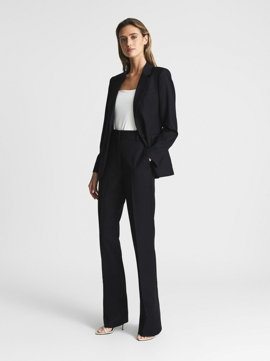 Wool-Blend Tailored Flared Suit Trousers in Navy | Reiss Women Trending