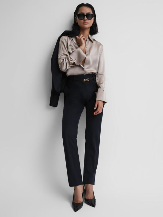 Wool Blend Tapered Suit Trousers in Navy | Reiss Women Signature