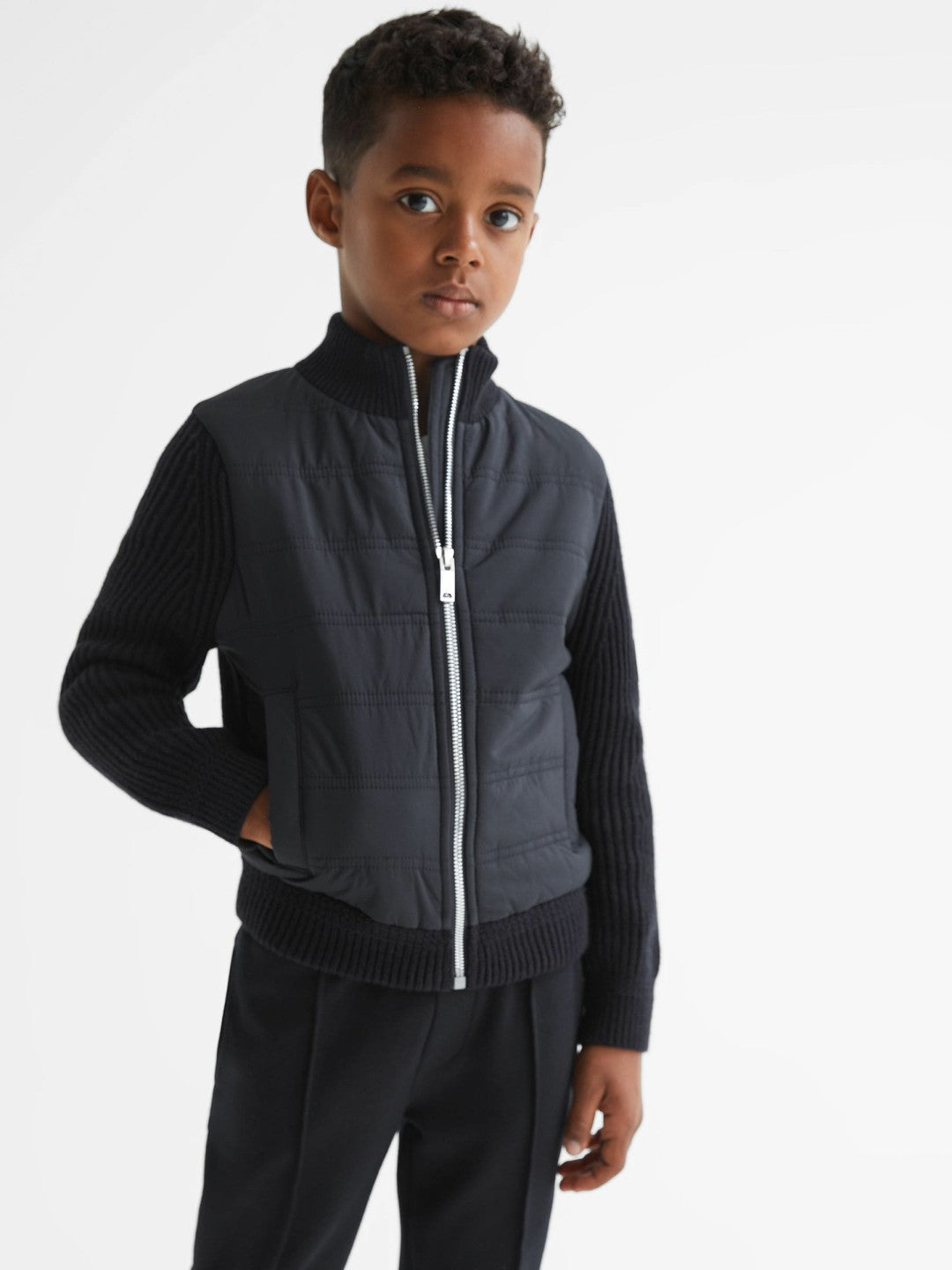 Junior Hybrid Zip Through Quilted Jacket in Navy | Reiss Children & Baby Trending