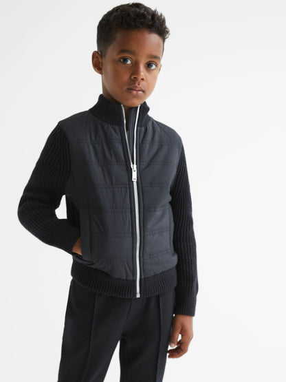 Junior Hybrid Zip Through Quilted Jacket in Navy | Reiss Children & Baby Trending