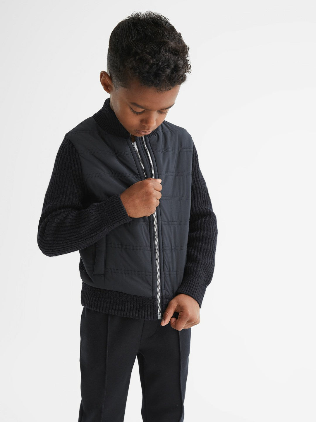 Junior Hybrid Zip Through Quilted Jacket in Navy | Reiss Children & Baby Trending