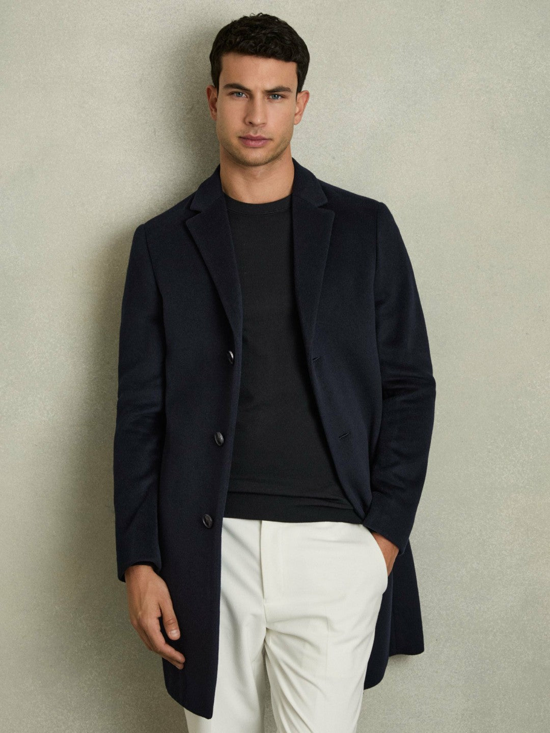 Wool Blend Single Breasted Epsom Overcoat in Navy | Reiss Men Premium