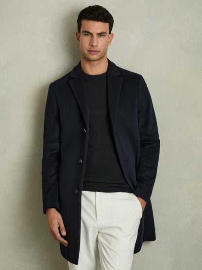 Wool Blend Single Breasted Epsom Overcoat in Navy | Reiss Men Premium