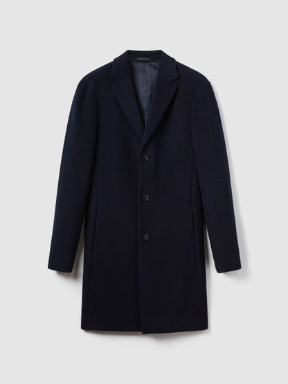 Wool Blend Single Breasted Epsom Overcoat in Navy | Reiss Men Premium