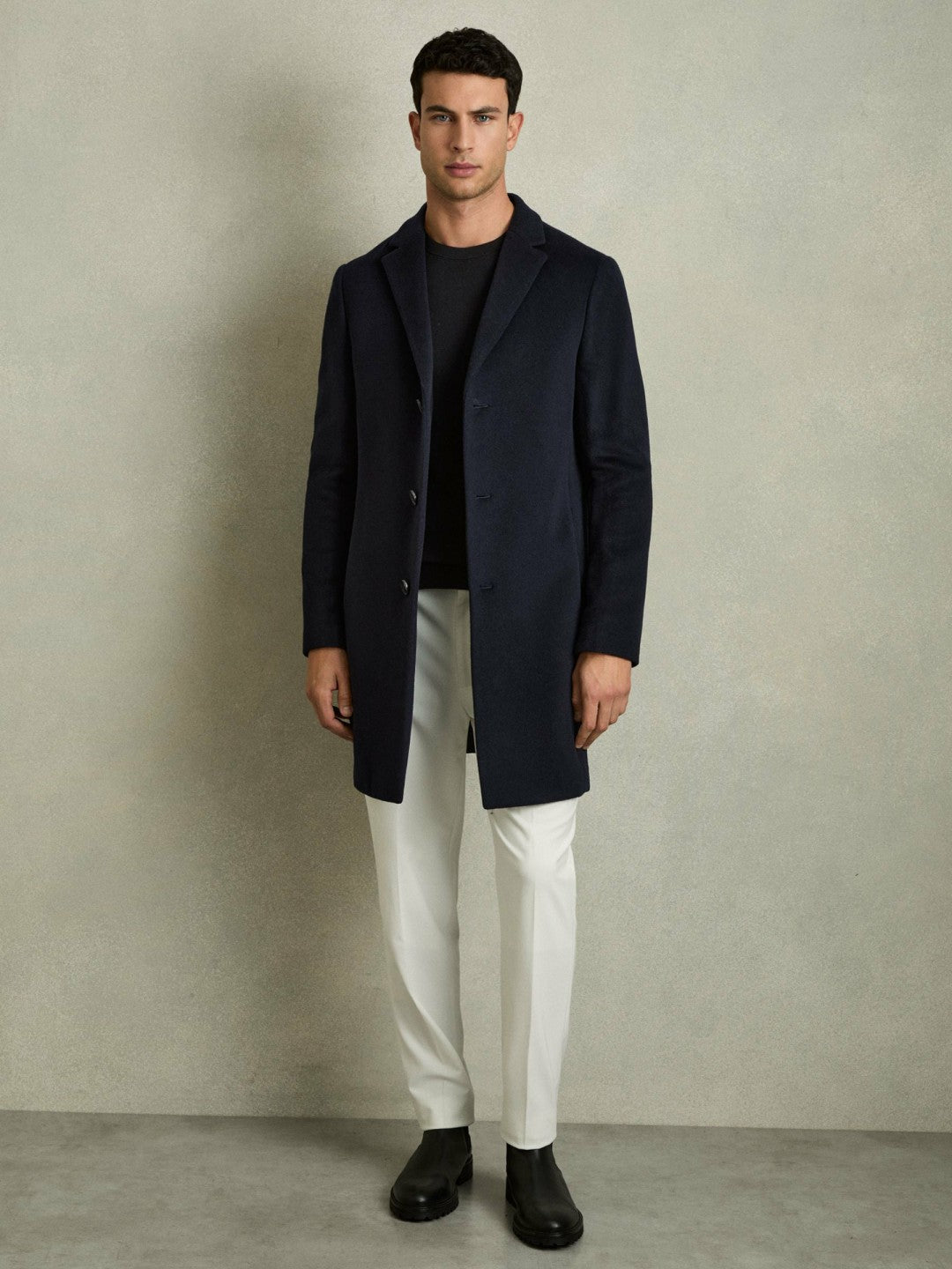 Wool Blend Single Breasted Epsom Overcoat in Navy | Reiss Men Premium