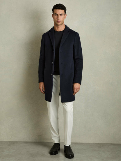 Wool Blend Single Breasted Epsom Overcoat in Navy | Reiss Men Premium