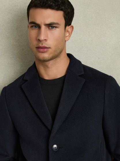 Wool Blend Single Breasted Epsom Overcoat in Navy | Reiss Men Premium