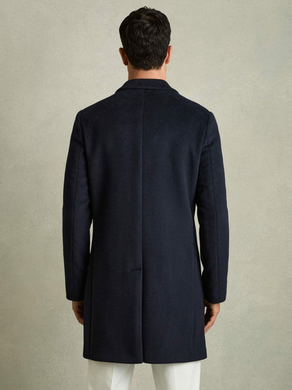 Wool Blend Single Breasted Epsom Overcoat in Navy | Reiss Men Premium