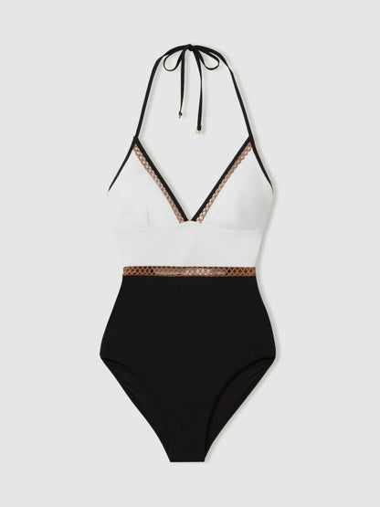 Colourblock Halter Swimsuit in White/Tan | Reiss Women Recommended