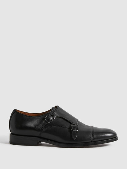 Leather Double Monk Strap Shoes in Black | Reiss Men Best Seller