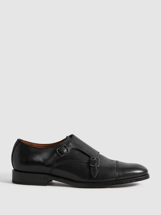 Leather Double Monk Strap Shoes in Black | Reiss Men Best Seller