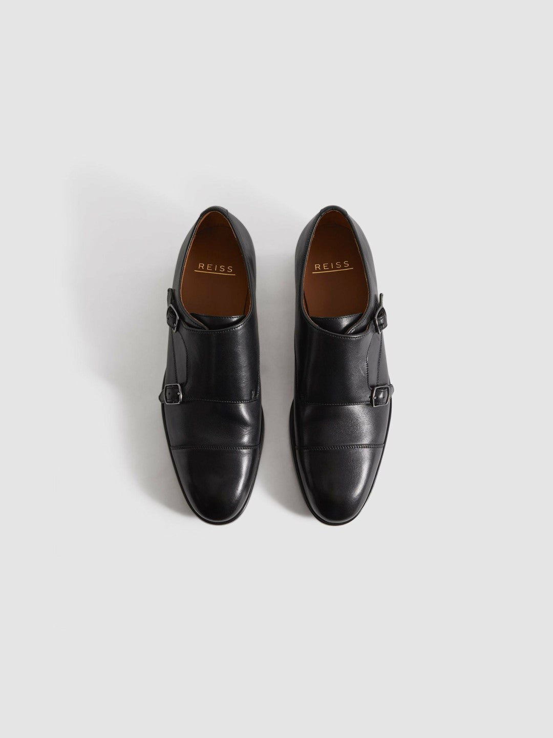 Leather Double Monk Strap Shoes in Black | Reiss Men Best Seller