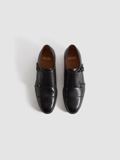 Leather Double Monk Strap Shoes in Black | Reiss Men Best Seller