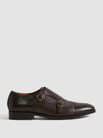 Leather Double Monk Strap Shoes in Dark Brown | Reiss Men Popular