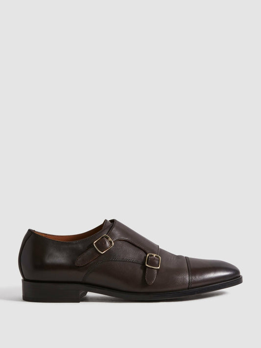 Leather Double Monk Strap Shoes in Dark Brown | Reiss Men Popular