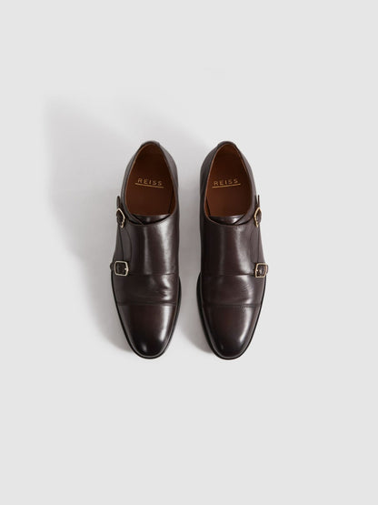 Leather Double Monk Strap Shoes in Dark Brown | Reiss Men Popular