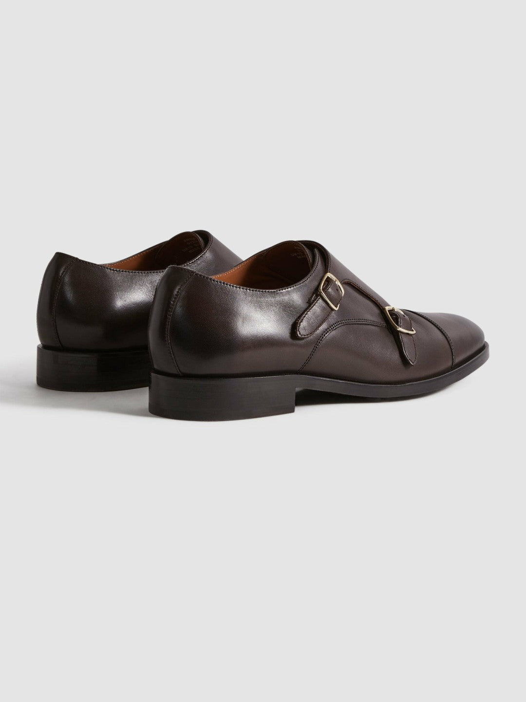 Leather Double Monk Strap Shoes in Dark Brown | Reiss Men Popular