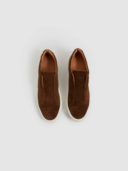 Harrys London Suede Slip On Trainers in Dark Bark Brown | Reiss Men Featured