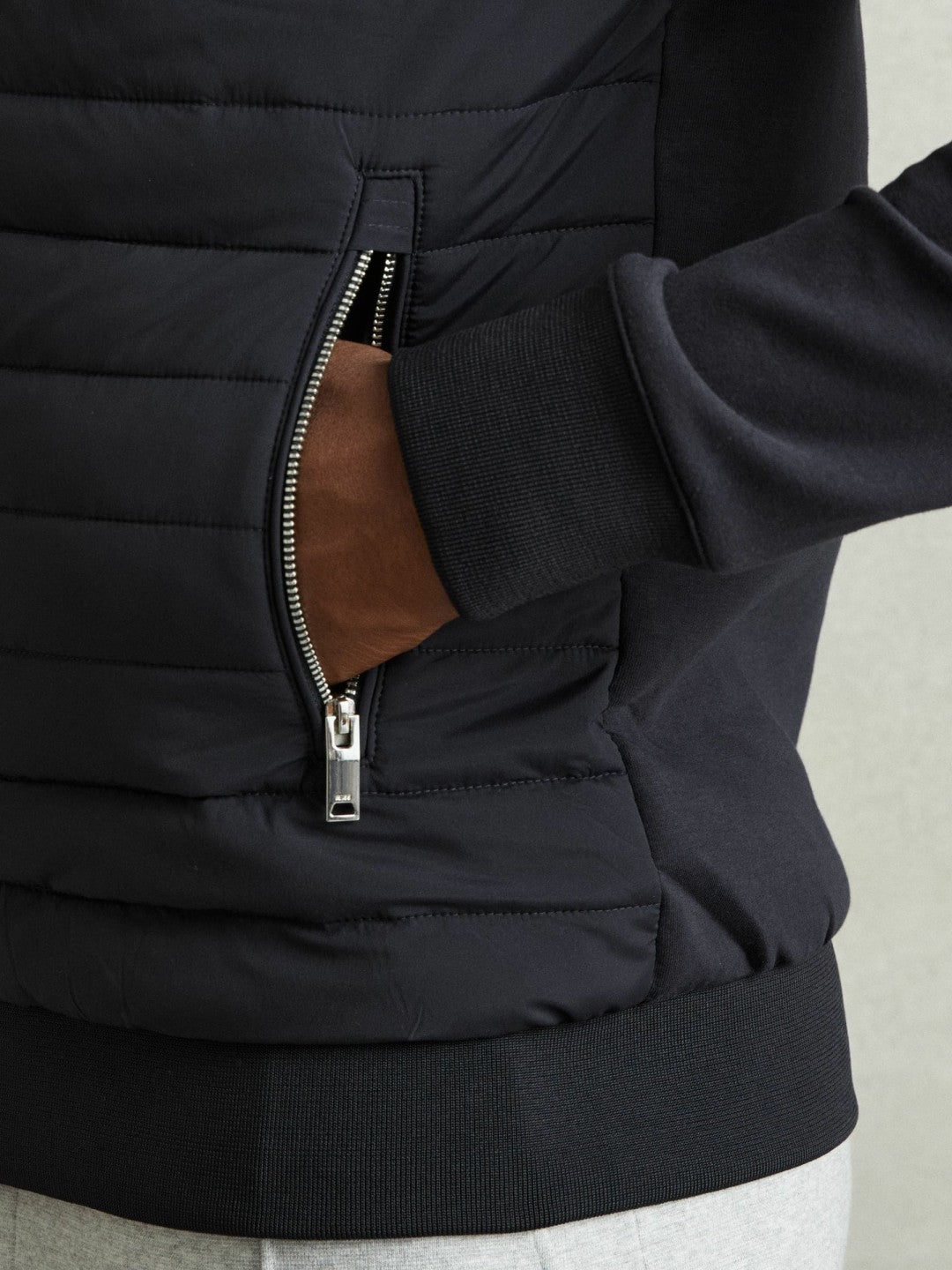 Hybrid Quilt and Knit Zip-Through Jacket in Navy | Reiss Men Best Seller