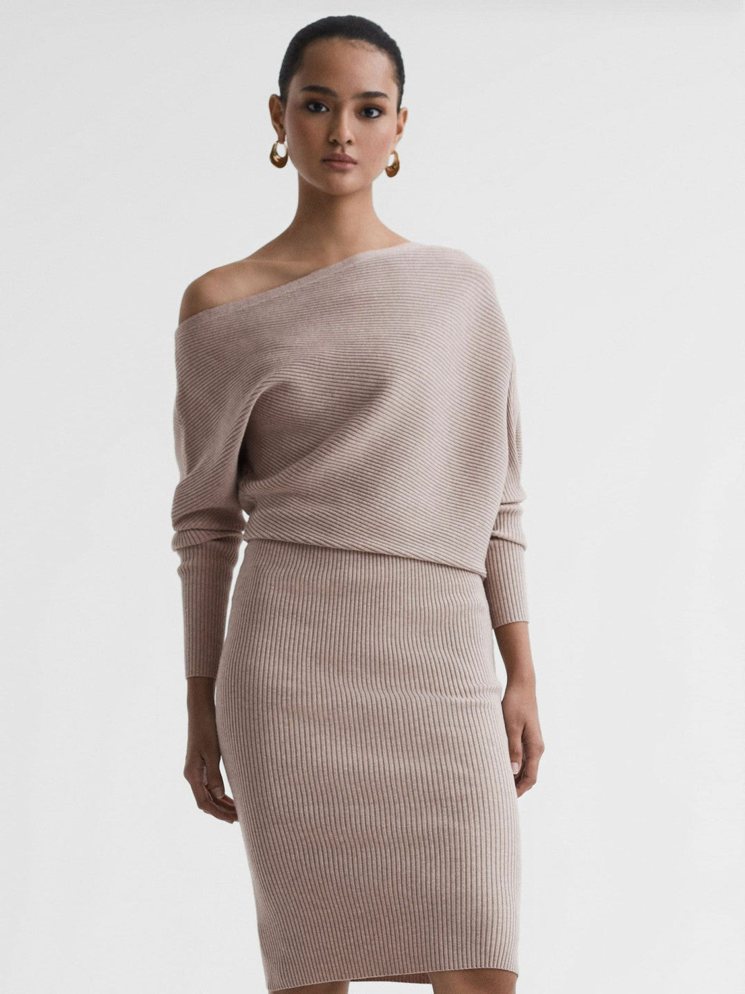 Off-The-Shoulder Ribbed Midi Dress in Neutral | Reiss Women New