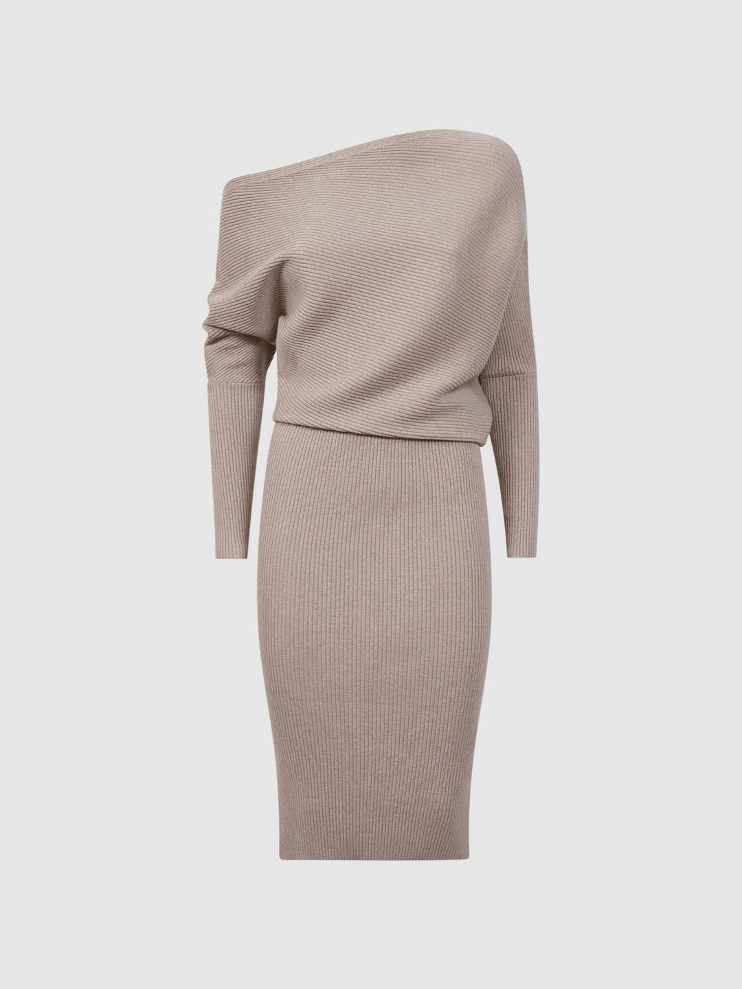 Off-The-Shoulder Ribbed Midi Dress in Neutral | Reiss Women New