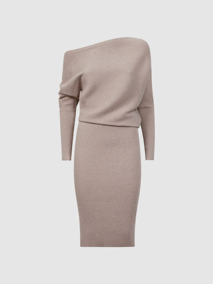 Off-The-Shoulder Ribbed Midi Dress in Neutral | Reiss Women New