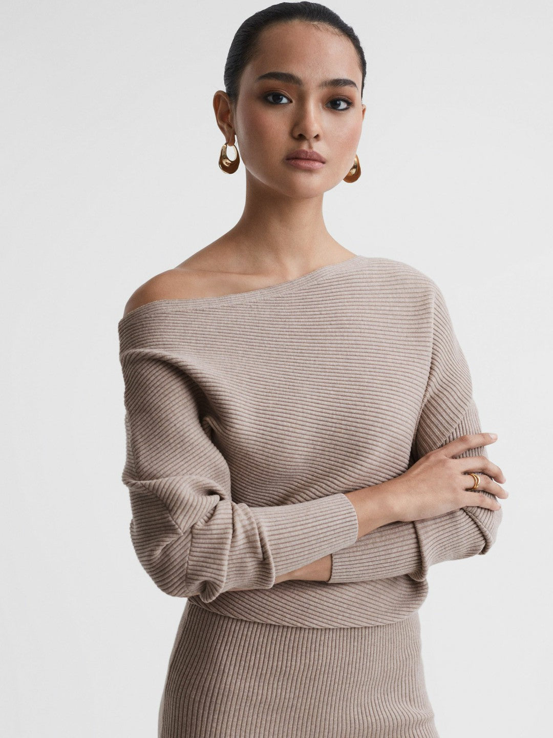 Off-The-Shoulder Ribbed Midi Dress in Neutral | Reiss Women New