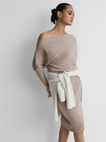 Off-The-Shoulder Ribbed Midi Dress in Neutral | Reiss Women New