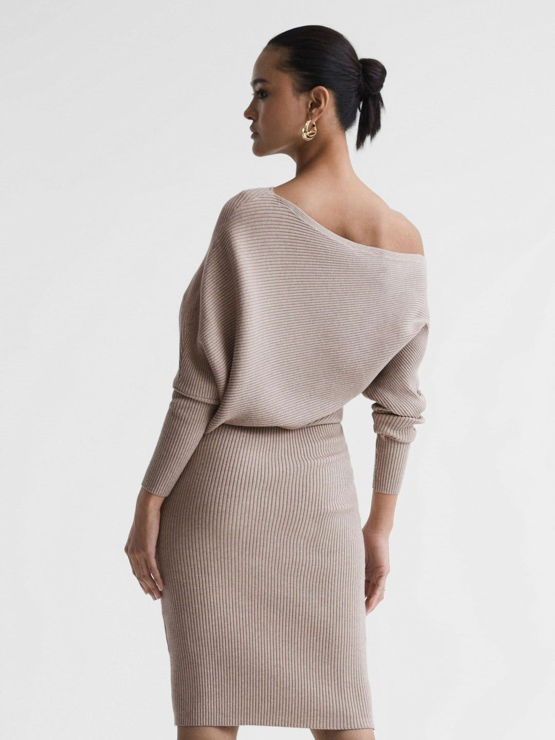 Off-The-Shoulder Ribbed Midi Dress in Neutral | Reiss Women New
