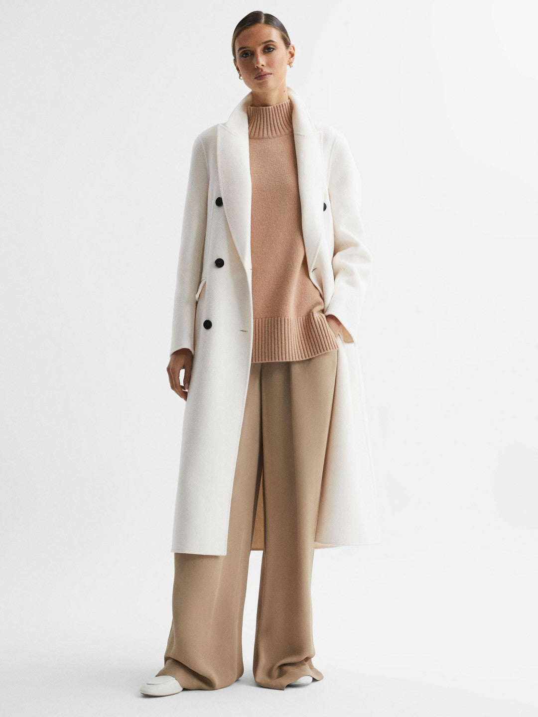 Petite Relaxed Wool Blend Blindseam Belted Coat in Cream | Reiss Women Popular