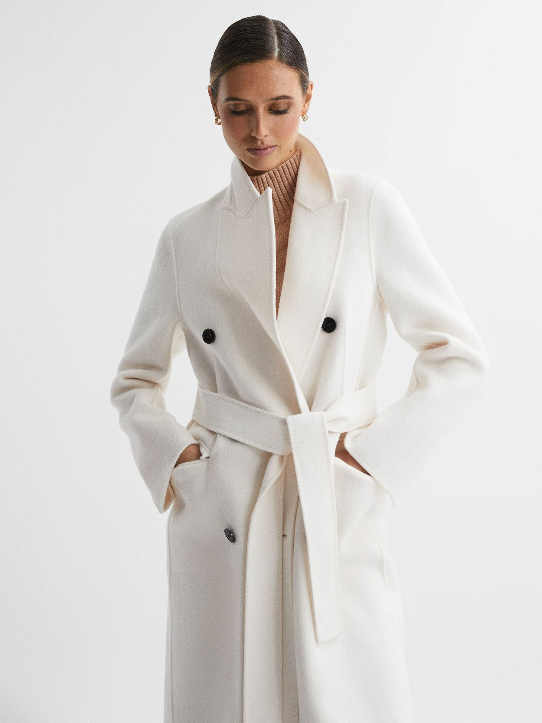 Petite Relaxed Wool Blend Blindseam Belted Coat in Cream | Reiss Women Popular