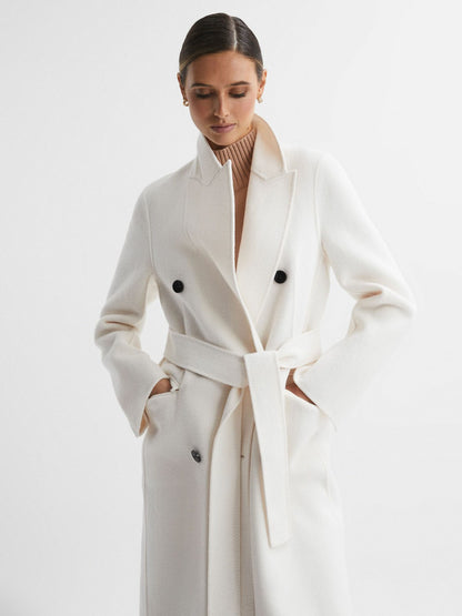Petite Relaxed Wool Blend Blindseam Belted Coat in Cream | Reiss Women Popular