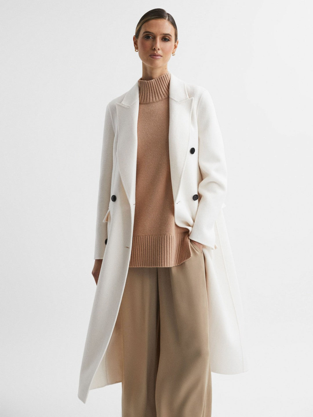 Petite Relaxed Wool Blend Blindseam Belted Coat in Cream | Reiss Women Popular