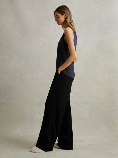 Petite Half-Elasticated Wide Leg Trousers in Black | Reiss Women Featured
