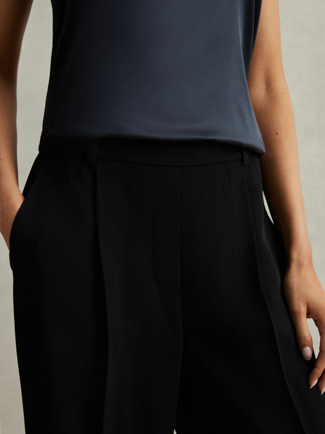 Petite Half-Elasticated Wide Leg Trousers in Black | Reiss Women Featured