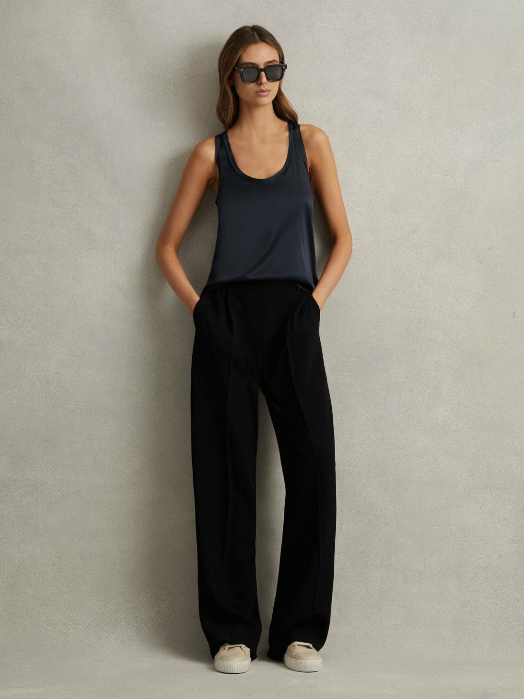 Petite Half-Elasticated Wide Leg Trousers in Black | Reiss Women Featured