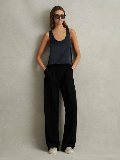 Petite Half-Elasticated Wide Leg Trousers in Black | Reiss Women Featured