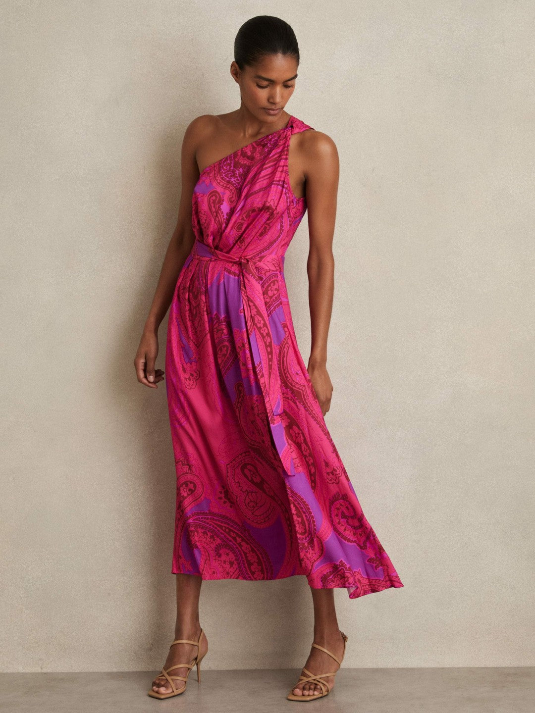 Paisley-Print One-Shoulder Midi Dress in Pink | Reiss Women Exclusive