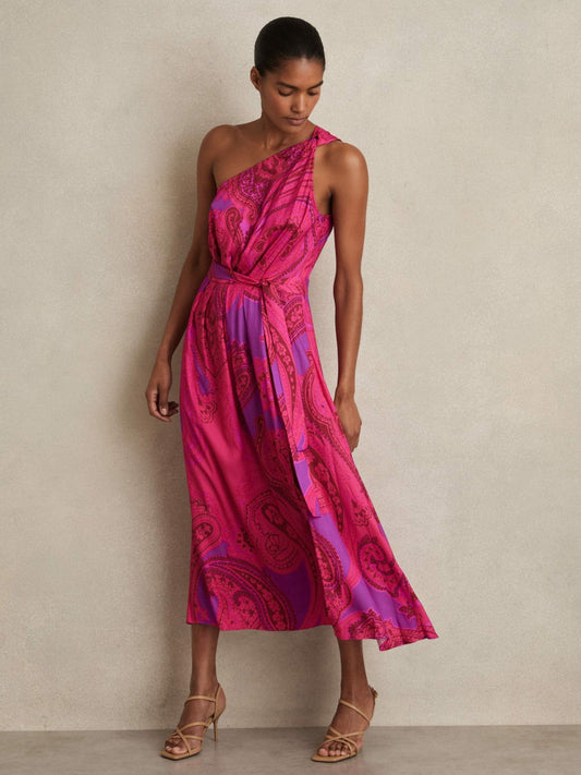 Paisley-Print One-Shoulder Midi Dress in Pink | Reiss Women Exclusive