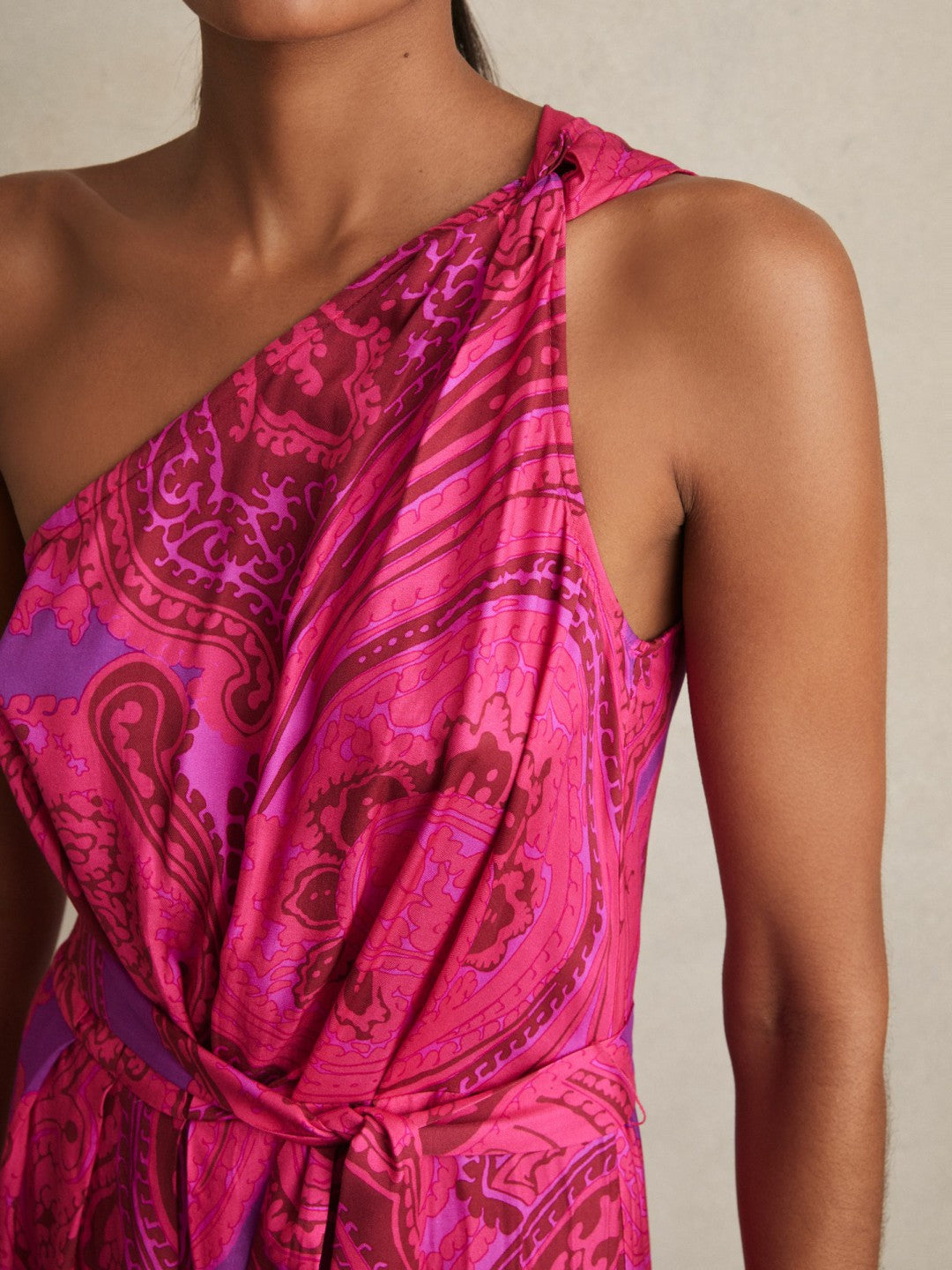 Paisley-Print One-Shoulder Midi Dress in Pink | Reiss Women Exclusive