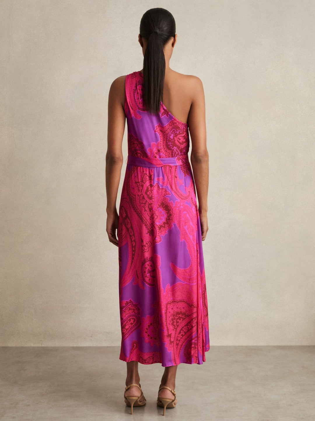 Paisley-Print One-Shoulder Midi Dress in Pink | Reiss Women Exclusive