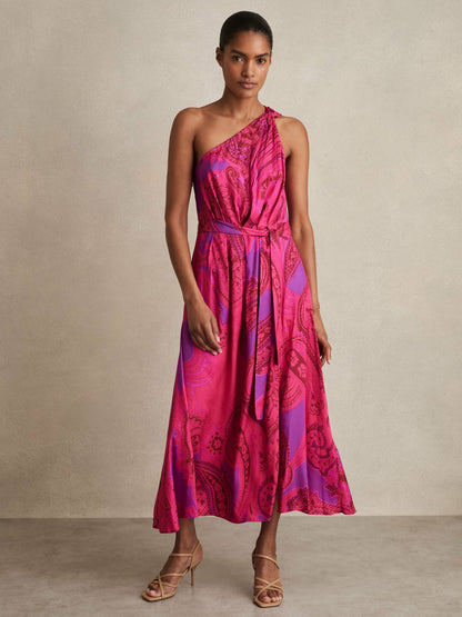 Paisley-Print One-Shoulder Midi Dress in Pink | Reiss Women Exclusive
