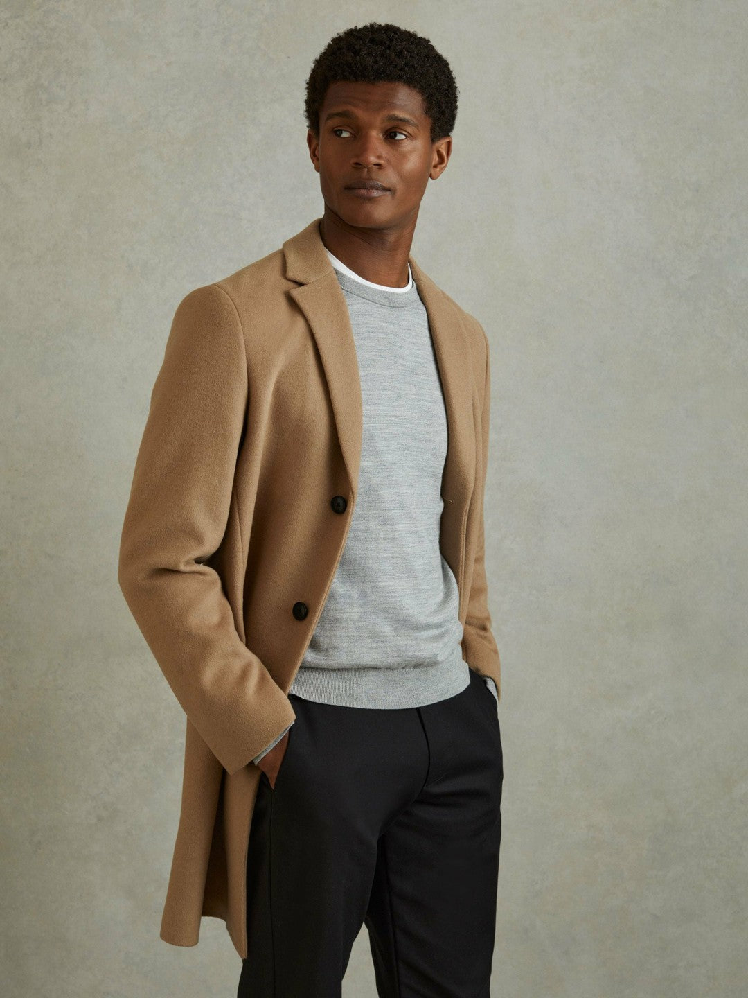 Wool Blend Single Breasted Epsom Overcoat in Camel | Reiss Men Recommended