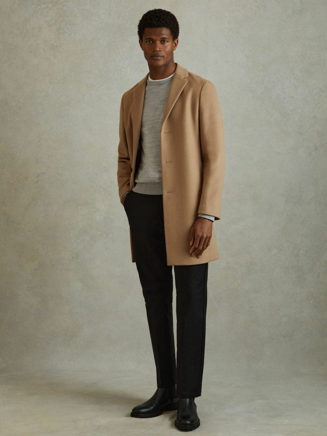 Wool Blend Single Breasted Epsom Overcoat in Camel | Reiss Men Recommended