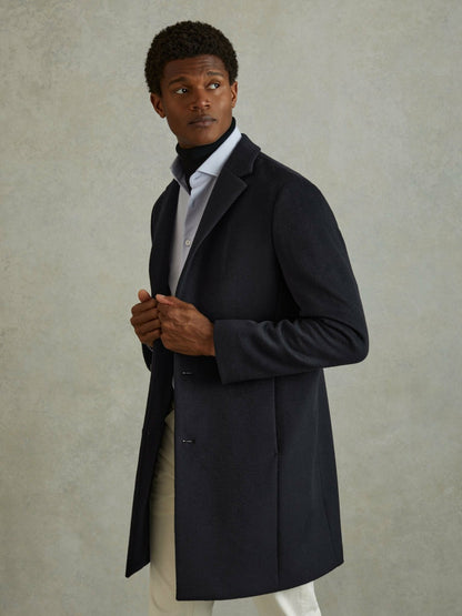 Wool Blend Single Breasted Epsom Overcoat in Navy | Reiss Men Popular