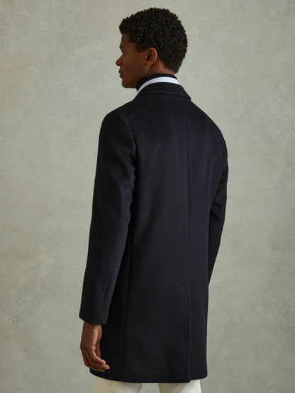 Wool Blend Single Breasted Epsom Overcoat in Navy | Reiss Men Popular