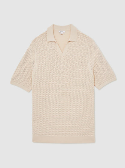 Pointelle Open-Collar Polo Shirt in Stone | Reiss Men Popular