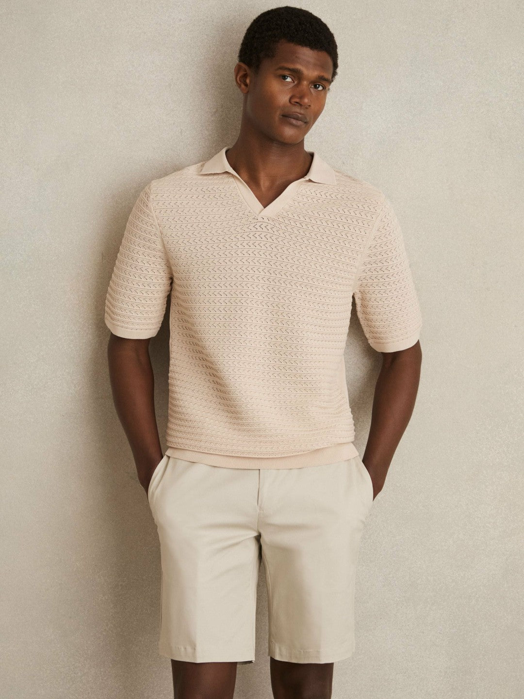 Pointelle Open-Collar Polo Shirt in Stone | Reiss Men Popular