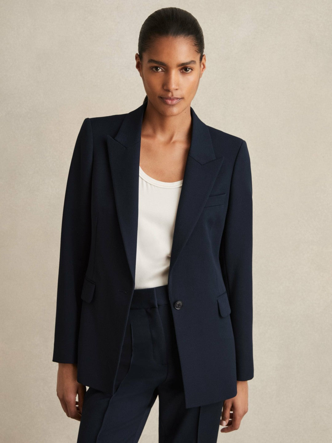 Tailored Single Breasted Suit Blazer in Navy | Reiss Women Featured